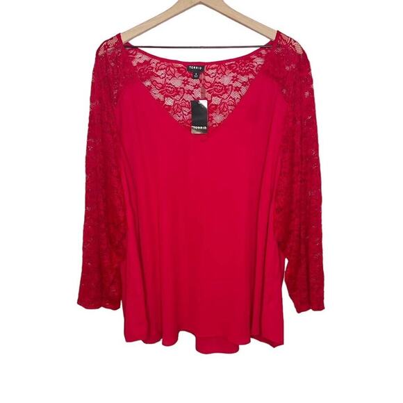 TORRID PLUS 4X 26 Georgette V Neck Lace Sleeve Blouse Top Jester Red NWT Flawed - Picture 2 of 15